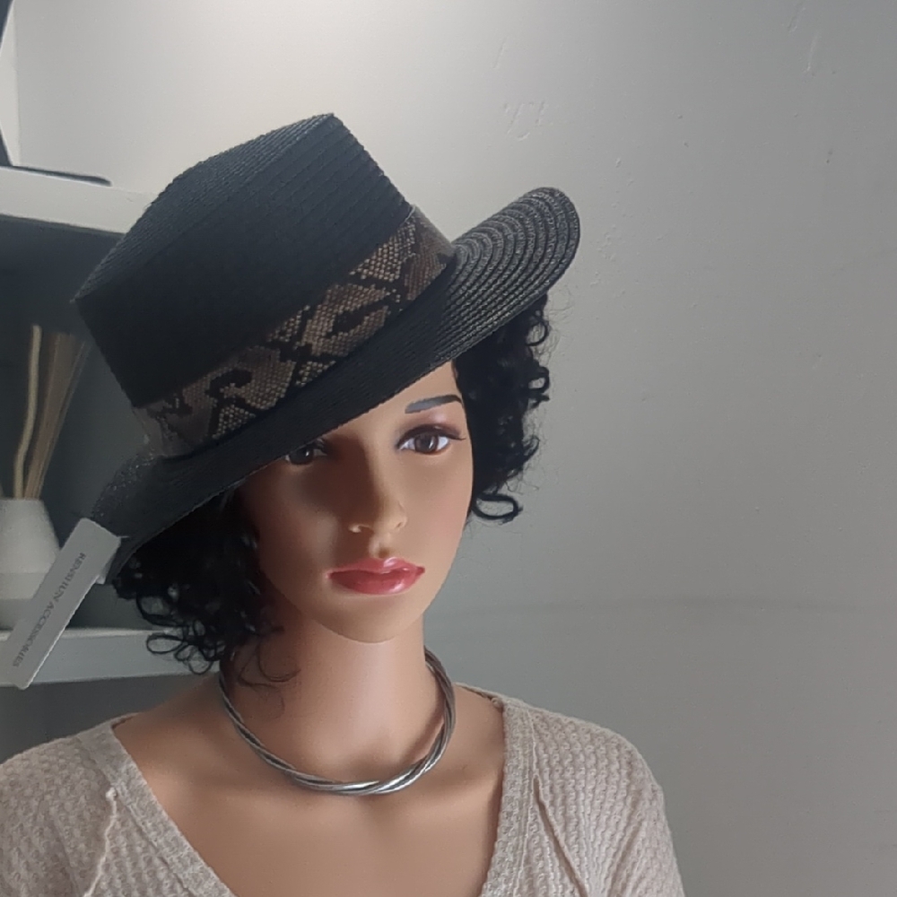 Stylish Black Hat with Snake Print Band